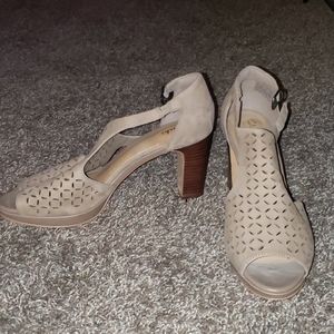 Clarks Suede open toe platform heels, size 9